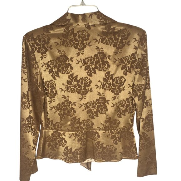 A. Byer Jacket Womens Medium Gold Brown Floral Jacquard Satin Tie Waist Blazer - Picture 3 of 16